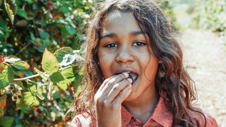 A child enjoys eating fresh blackberries from a bush on a sunny day.